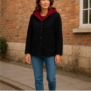 Vintage Mackintosh Vestcoat Size 8 Navy/Red 100% Wool Hood Drawstring Hem